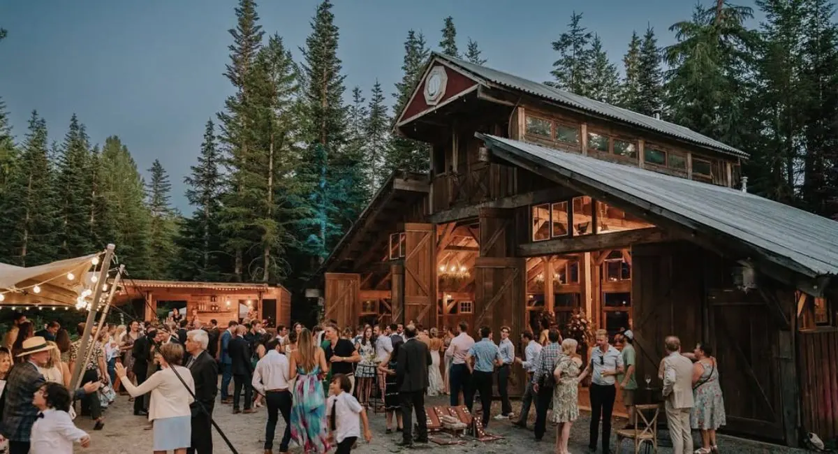 Wedding guests outside the timber barn at Canadian Wilderness Adventures with the Boombox bar behind them